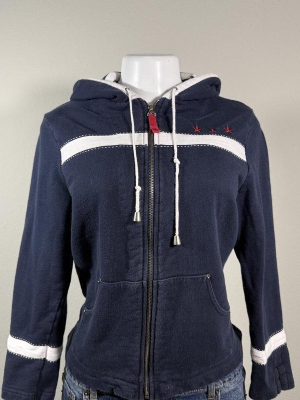 Studio hoodie navy zip-up with white stripes and red embroidered stars Petite